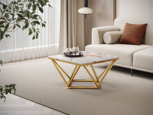 Solaia Coffee Table with White Engineered Marble Top in  Gold Finish - Furnishka 