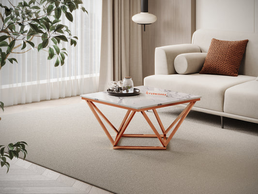 Solaia Coffee Table with White Engineered Marble Top in Rose Gold Finish - Furnishka
