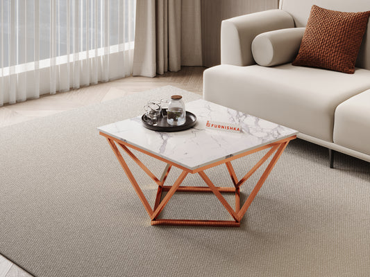 Solaia Coffee Table with White Engineered Marble Top in Rose Gold Finish - Furnishka