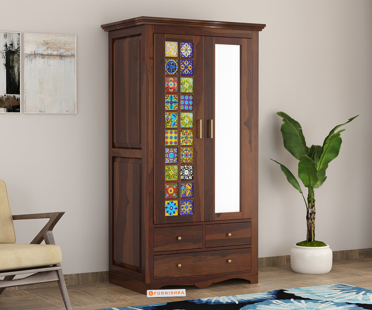 Starla 2 Door Solid Sheesham Wood Wardrobe with Mirror - Furnishka 