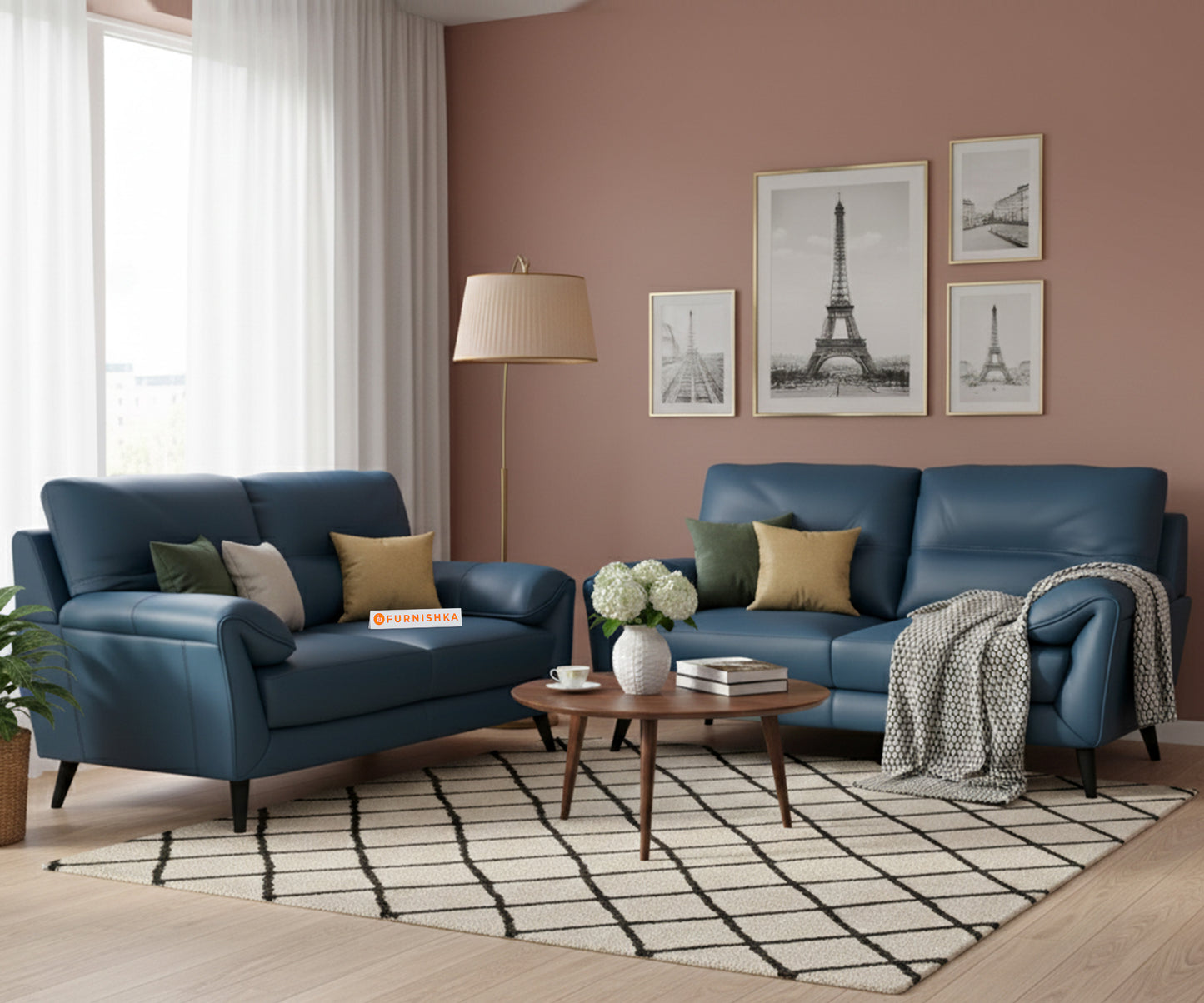Suntory Leather 3+2 Seater Sofa Set  Ocean blue - Furnishka 