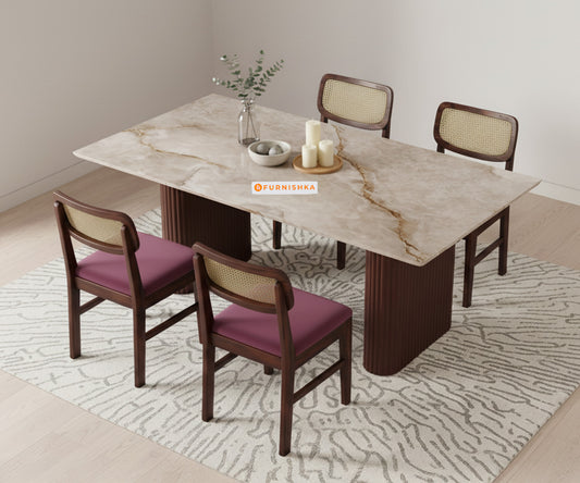 Swaarno 4 Seater Dining Sets with Australian Onyx sandwich Engineering Marble Top in Dark Walnut Finish - Furnishka 