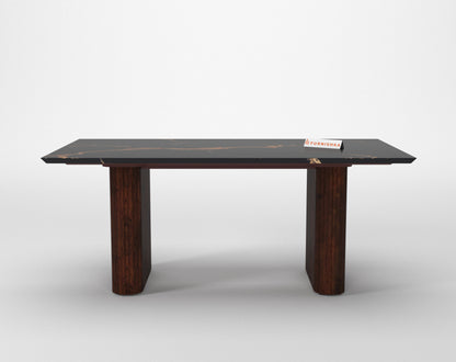 Swaarno 6 Seater Dining Sets with  Black Engineered Marble Top in Dark Walnut Finish - Furnishka