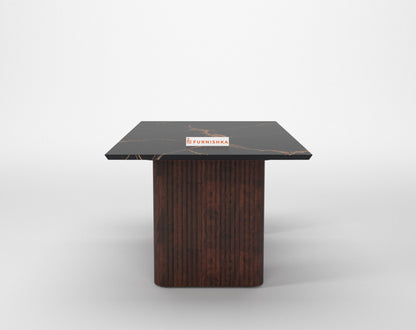 Swaarno 6 Seater Dining Sets with  Black Engineered Marble Top in Dark Walnut Finish - Furnishka