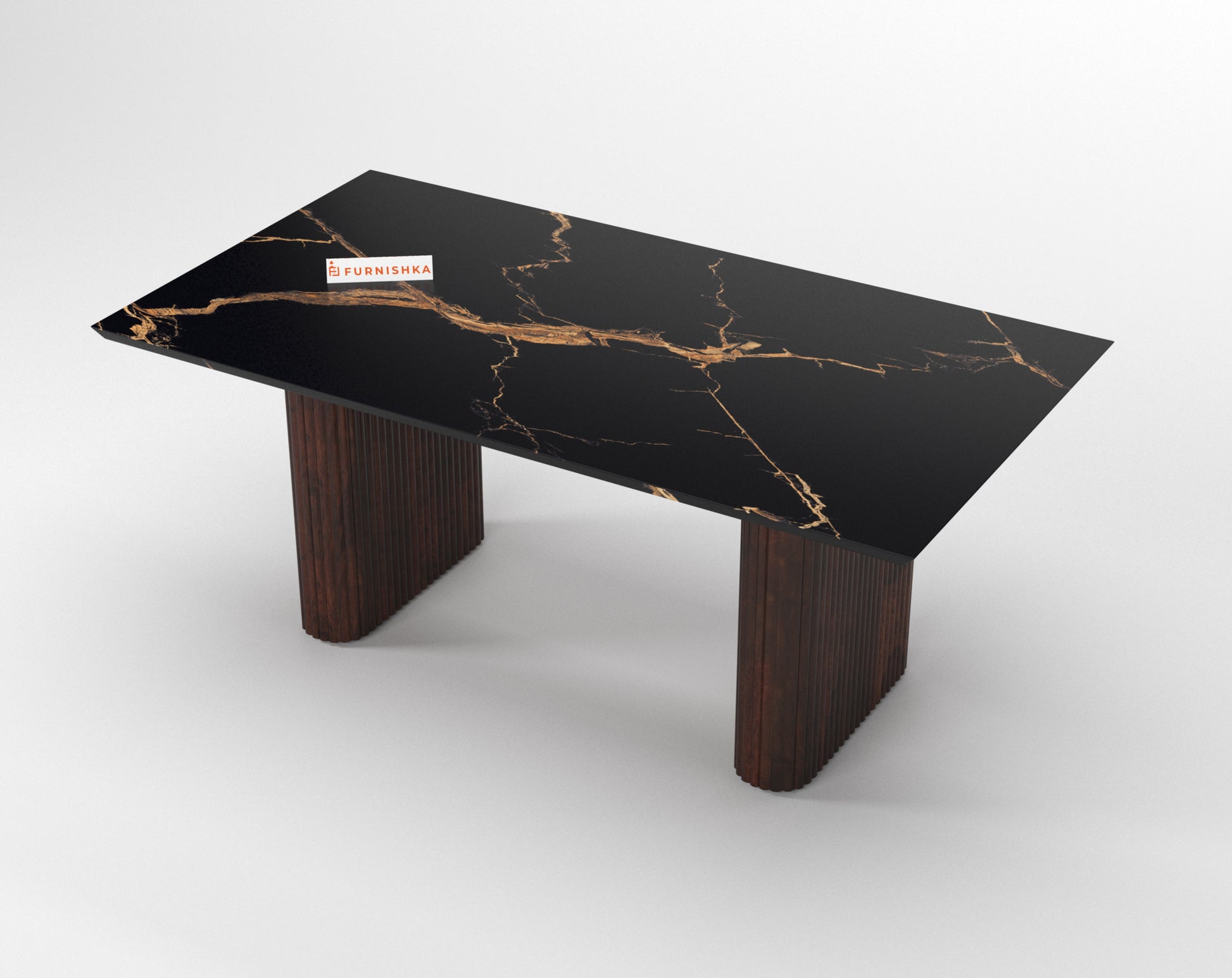 Swaarno 6 Seater Dining Sets with  Black Engineered Marble Top in Dark Walnut Finish - Furnishka