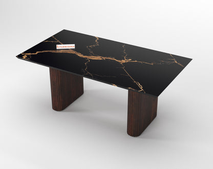 Swaarno 6 Seater Dining Sets with  Black Engineered Marble Top in Dark Walnut Finish - Furnishka