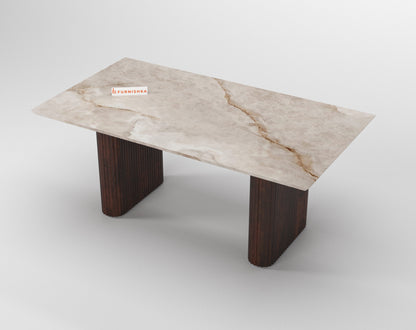 Swaarno 6 Seater Dining Sets with Australian Onyx sandwich Engineering Marble Top in  Dark Walnut Finish - Furnishka