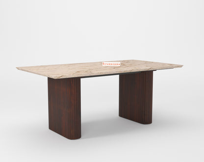 Swaarno 6 Seater Dining Sets with ROSALIA GOLD sandwich Engineering Marble Top in  Dark Walnut Finish - Furnishka