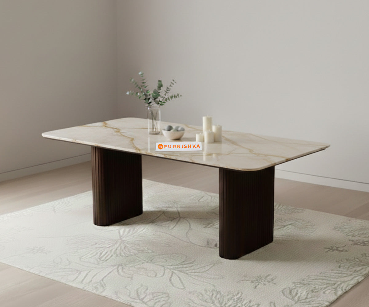 Swaarno Dining Table with Australian Onyx sandwich Engineering Marble Top 4 Seater in  Dark Walnut Finish - Furnishka 