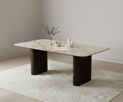 Swaarno Dining Table with Australian Onyx sandwich Engineering Marble Top 4 Seater in  Dark Walnut Finish - Furnishka 