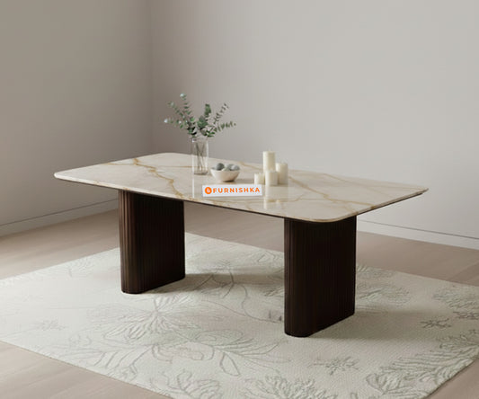 Swaarno Dining Table with Australian Onyx sandwich Engineering Marble Top 4 Seater in  Dark Walnut Finish - Furnishka 