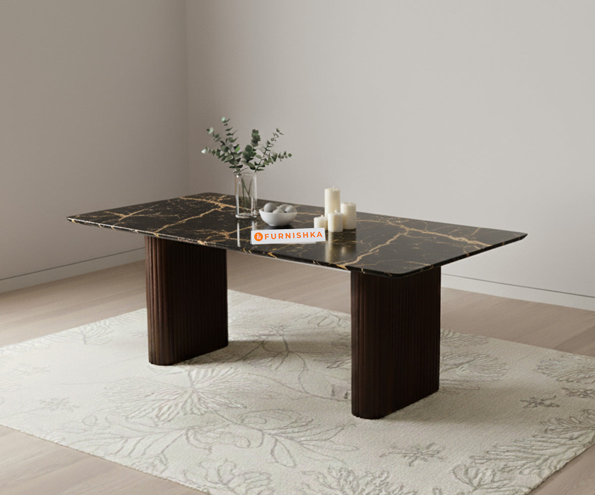 Swaarno Dining Table with  Black Engineered Marble Top 4 Seater in  Dark Walnut Finish - Furnishka 