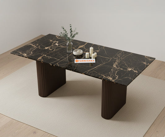 Swaarno Dining Table with  Black Engineered Marble Top 6 Seater in  Dark Walnut Finish - Furnishka 