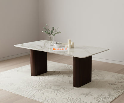 Swaarno Dining Table with Indian Marble sandwich Engineering Marble Top 4 Seater in  Dark Walnut Finish - Furnishka 