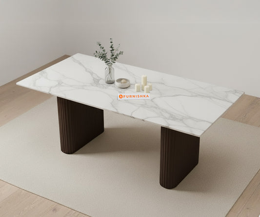 Swaarno Dining Table with Indian Marble sandwich Engineering Marble Top 4 Seater in  Dark Walnut Finish - Furnishka 