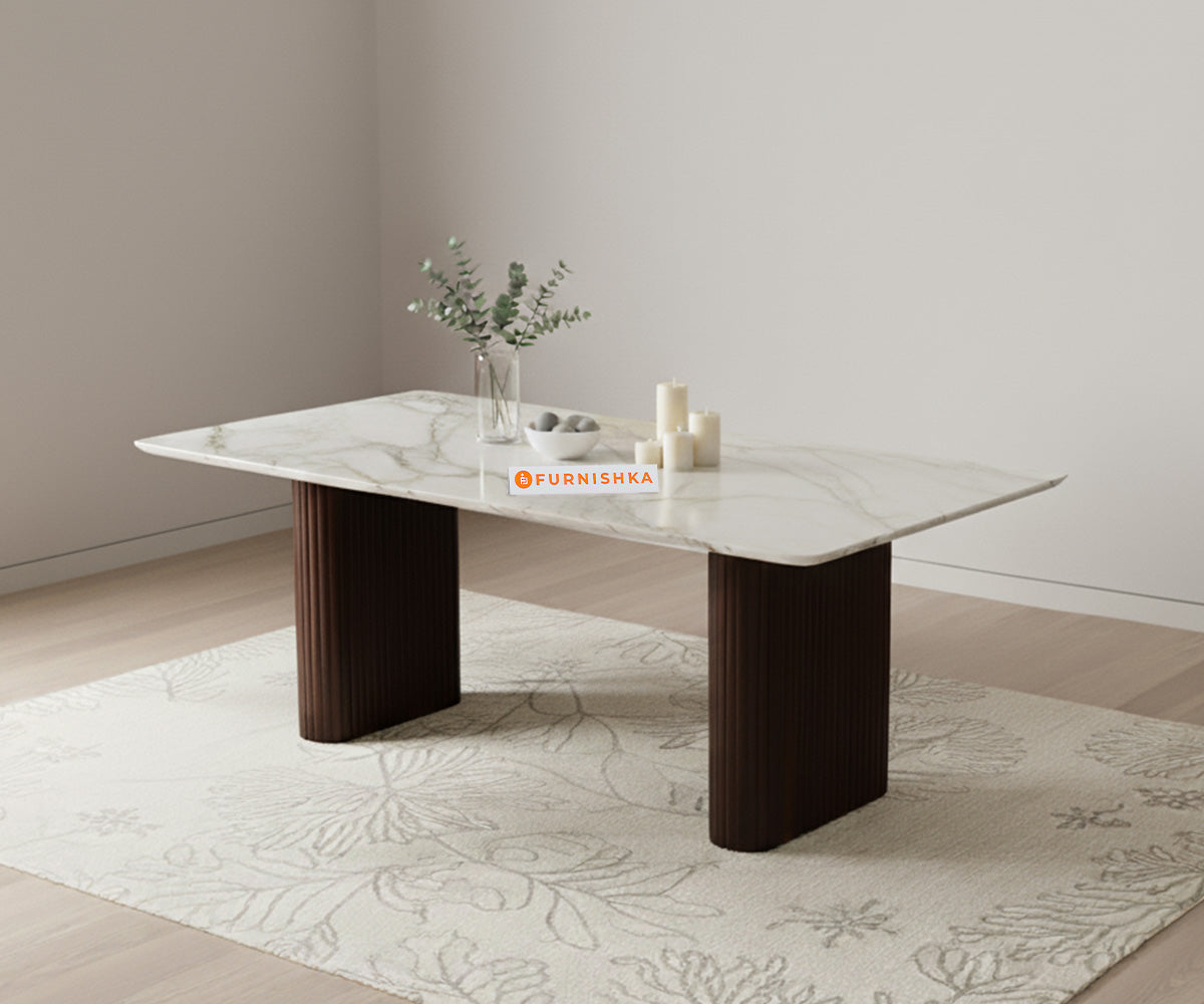 Swaarno Dining Table with Indian Marble sandwich Engineering Marble Top 6 Seater in  Dark Walnut Finish - Furnishka 