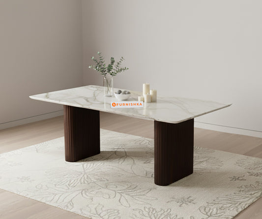 Swaarno Dining Table with Indian Marble sandwich Engineering Marble Top 6 Seater in  Dark Walnut Finish - Furnishka 
