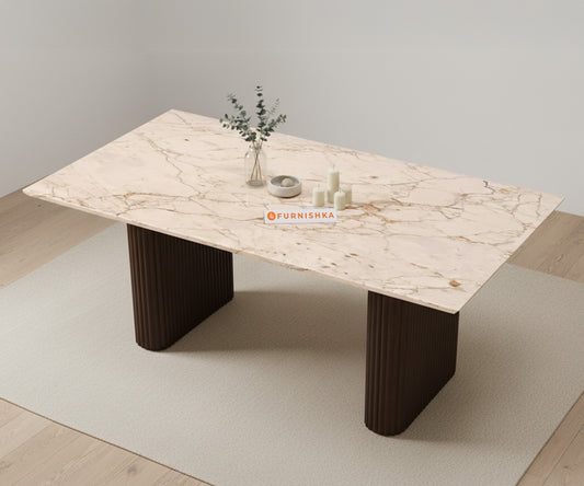 Swaarno Dining Table with ROSALIA GOLD sandwich Engineering Marble Top 4 Seater in  Dark Walnut Finish - Furnishka 