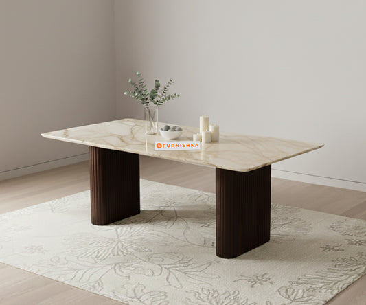 Swaarno Dining Table with ROSALIA GOLD sandwich Engineering Marble Top 4 Seater in  Dark Walnut Finish - Furnishka 