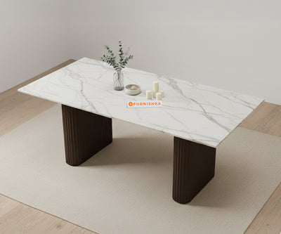 Swaarno Dining Table with White Engineered Marble Top 4 Seater in  Dark Walnut Finish