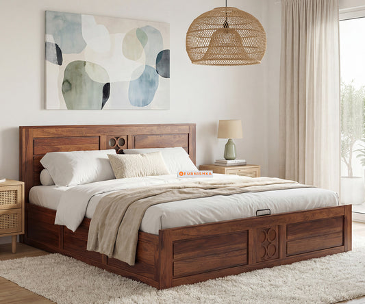 Symphony Queen Hydraulic Bed in Acacia Wood Finish - Furnishka 