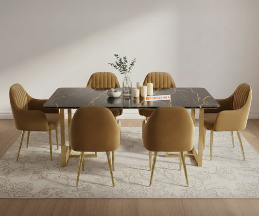 TUSCANY  6 Seater  Dining Sets with Black Engineered Marble Top - Furnishka 