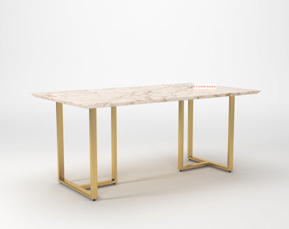 TUSCANY Compact Dining Table with ROSALIA GOLD sandwich Engineering Marble Top - 6 Seater - Furnishka 