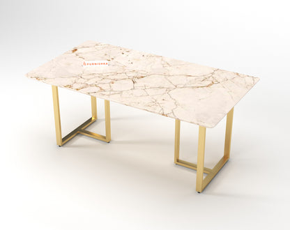 TUSCANY Compact Dining Table with ROSALIA GOLD sandwich Engineering Marble Top - 6 Seater - Furnishka 