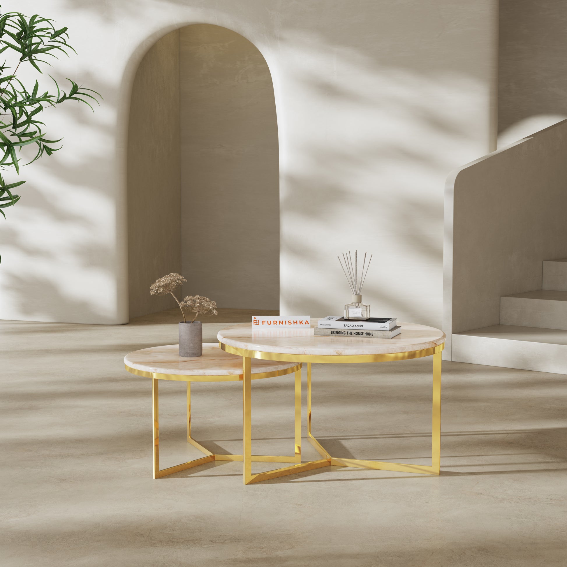 Triade Nesting Table with Australian Onyx Top in Gold finish - Furnishka 