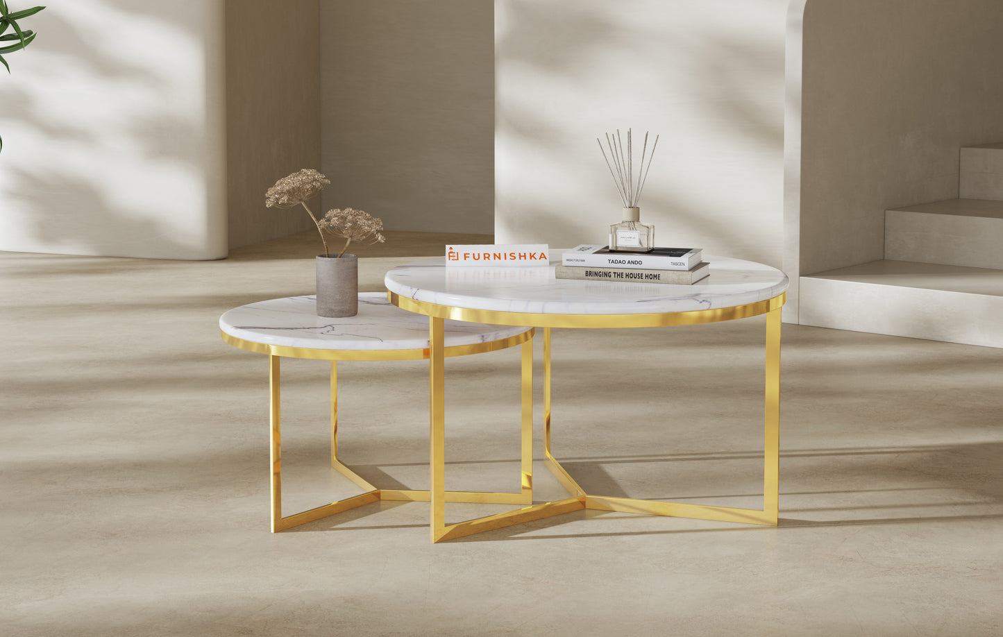 Triade Nesting Table with Quartz Marble Top in Gold Finish - Furnishka 