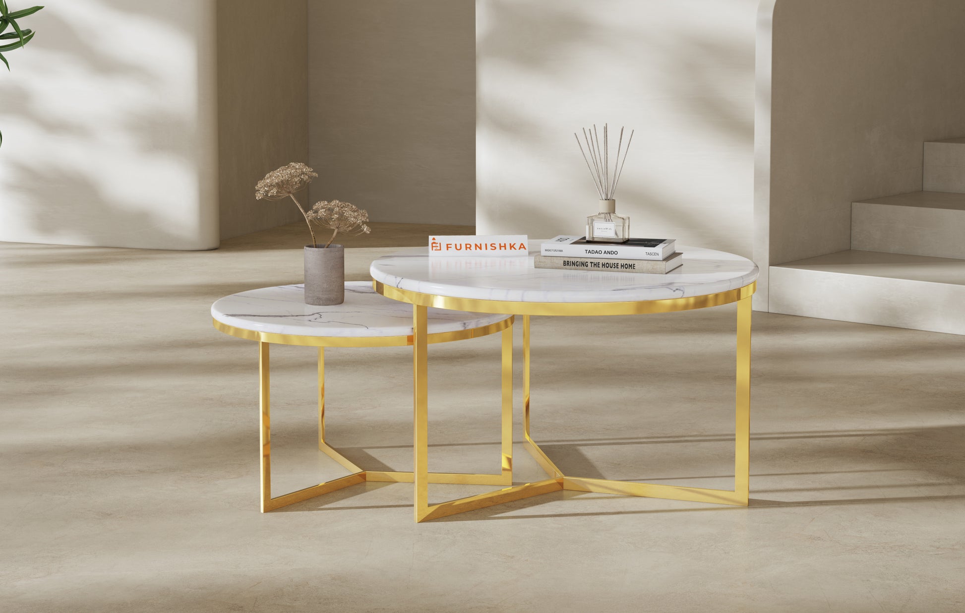 Triade Nesting Table with Quartz Marble Top in Gold Finish - Furnishka 