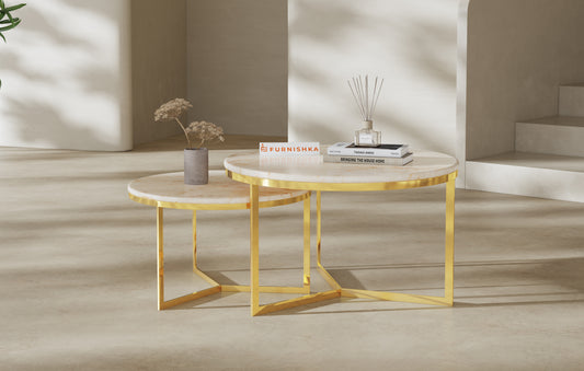 Triade Nesting Table with ROSALIA GOLD Marble Top in Gold Finish - Furnishka 