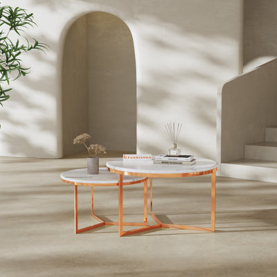 Triade Nesting Table with ROSALIA GOLD Marble Top in Rose Gold Finish