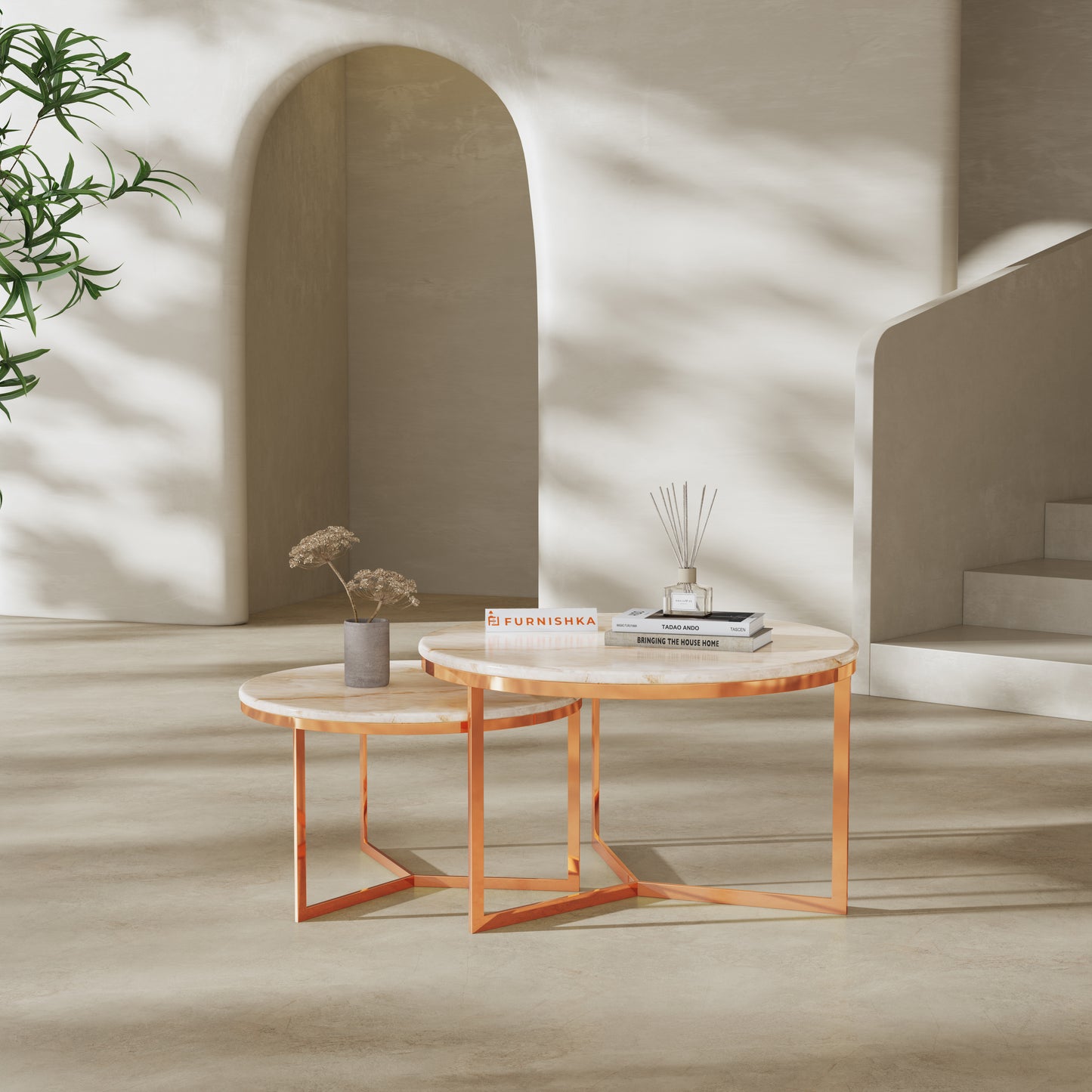 Triade Nesting Table with White Engineered Marble Top in Rose Gold Finish - Furnishka 