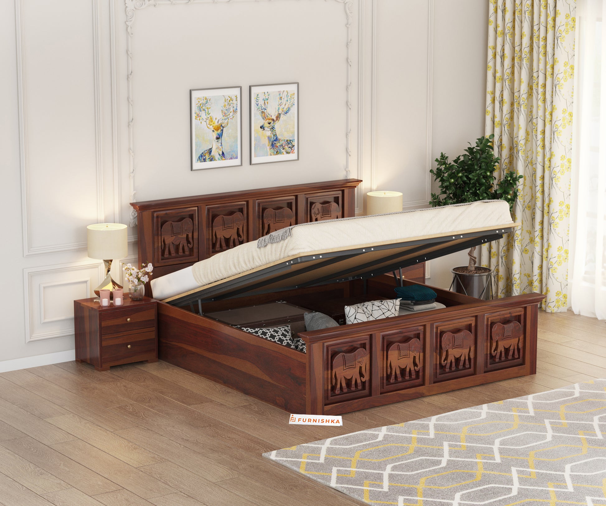 Tusker Sheesham Wood Bed Hydraulic Storage - King Size - Furnishka 
