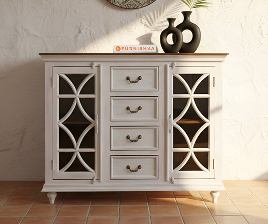 Twin Arch Glass Door Cabinet Distressed - Furnishka