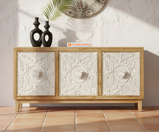 Two Tone Leaf Carved Buffet 3 shutters Distressed - Furnishka