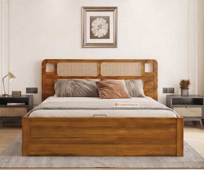 Ukti Teak Wood Bed with Hydraulic Storage Queen Size - Furnishka