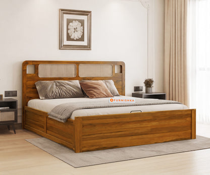 Ukti Teak Wood Bed with Hydraulic Storage Queen Size - Furnishka