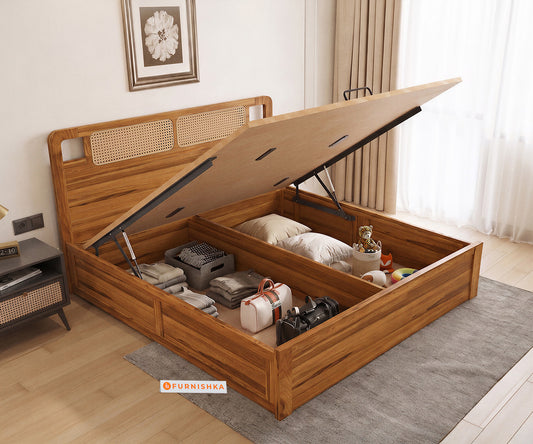 Ukti Teak Wood Bed with Hydraulic Storage Queen Size - Furnishka
