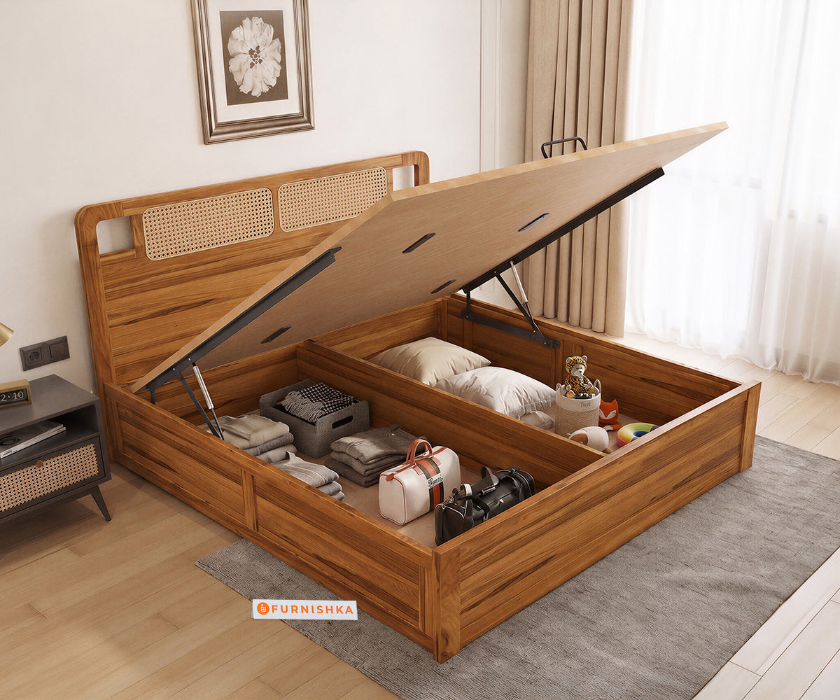 Ukti Teak Wood Bed with Hydraulic Storage Queen Size - Furnishka