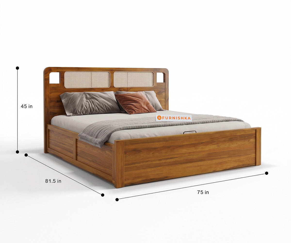 Ukti Teak Wood Bed with Hydraulic Storage Queen Size - Furnishka