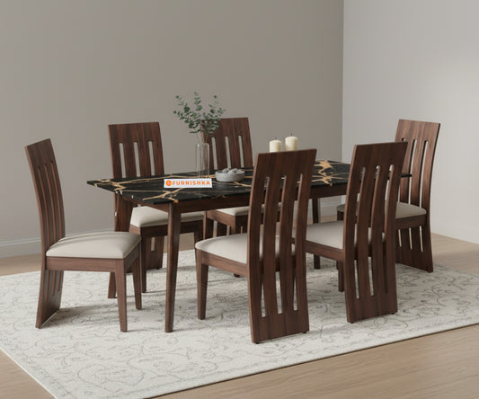 Vedh(Agar) 6 Seater Dining Sets with Black Engineered Marble Top - Furnishka 