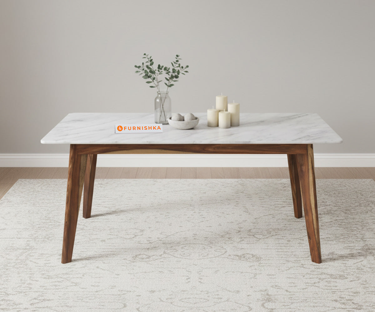 Vedh(Agar) Compact Dining Table with White Engineered Marble Top - 6 Seater - Furnishka 