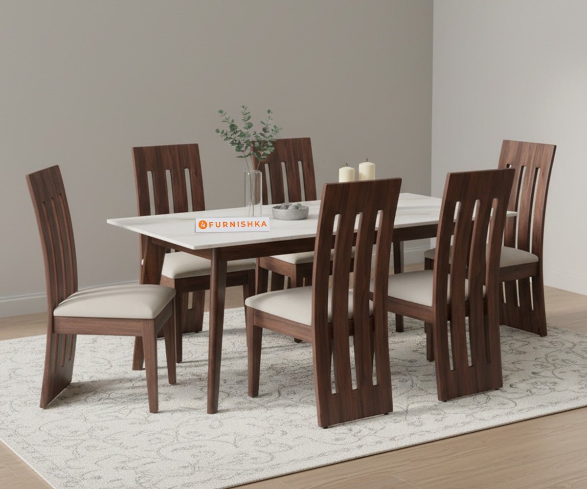 Vedh(Agar) Compact Dining Table with White Engineered Marble Top - 6 Seater - Furnishka 