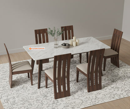 Vedh(Agar) Compact Dining Table with White Engineered Marble Top - 6 Seater - Furnishka 