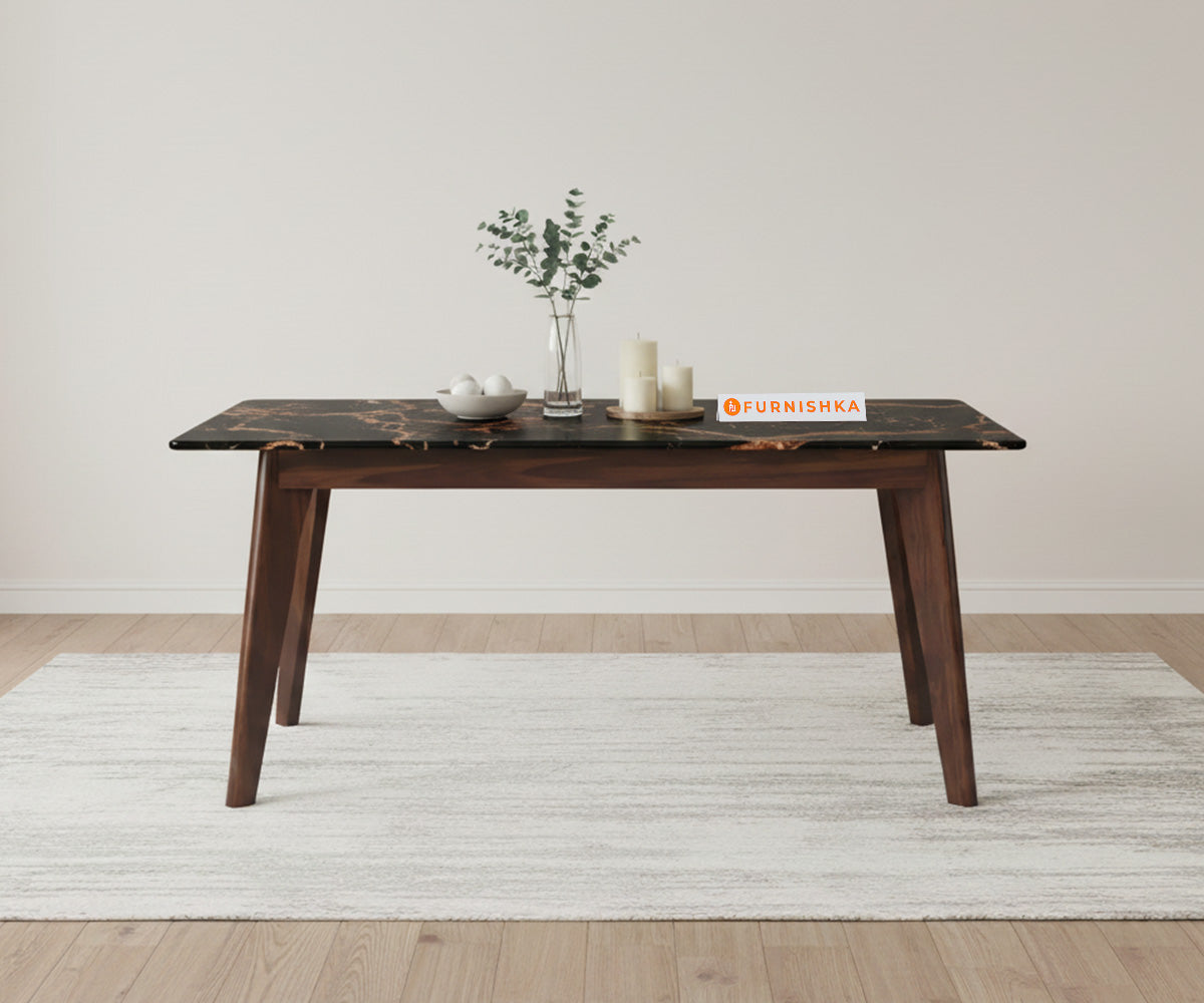 Vedh(Agar) Dining Table with Black Engineered Marble Top - 6 Seater - Furnishka 