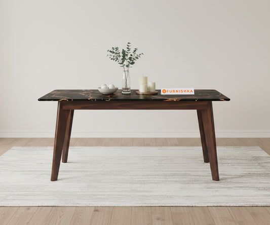 Vedh(Agar) Dining Table with Black Engineered Marble Top - 6 Seater - Furnishka 