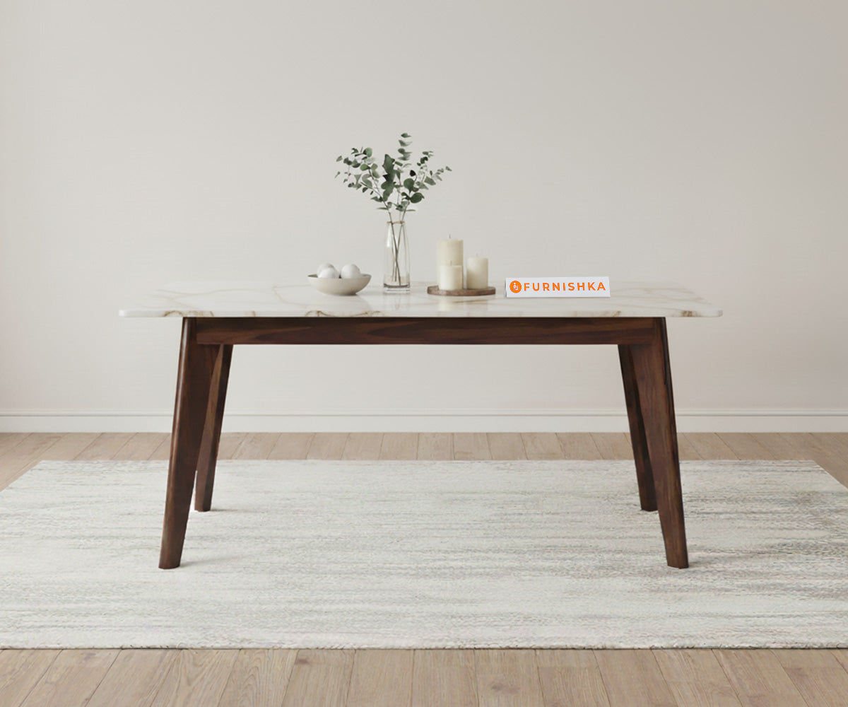 Vedh(Agar) Dining Table with Rosalia Gold Engineered Marble Top - 4 Seater - Furnishka 