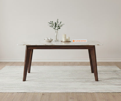 Vedh(Agar) Dining Table with Rosalia Gold Engineered Marble Top - 4 Seater - Furnishka 